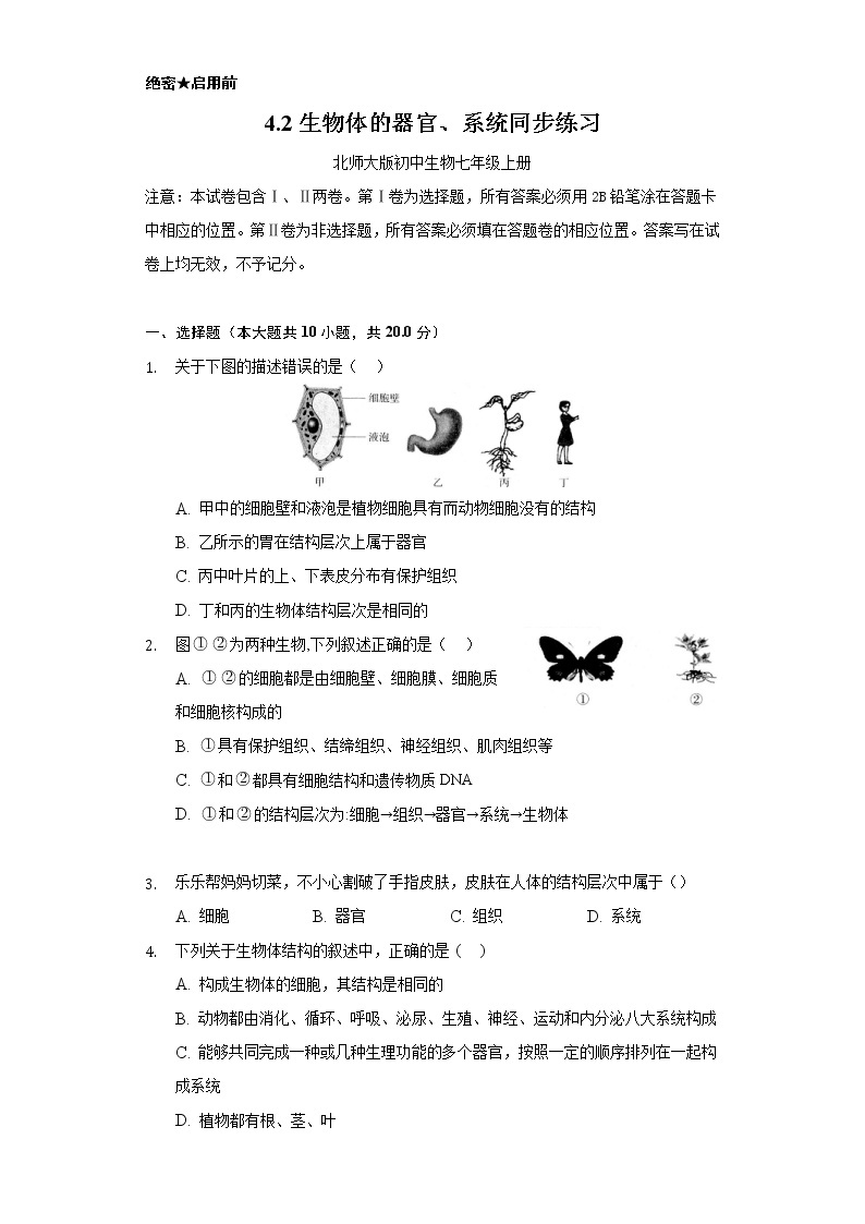 4.2生物体的器官、系统    同步练习  北师大版初中生物七年级上册01