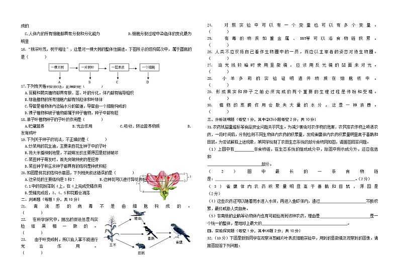 甘肃省武威市西城区2021—2022学年上学期九年级生物期中检测(word版 含答案)第2页