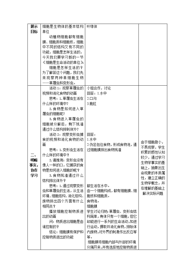 北师大版生物七年级上册 3.2 《细胞是生命活动的单位》(教案)第2页