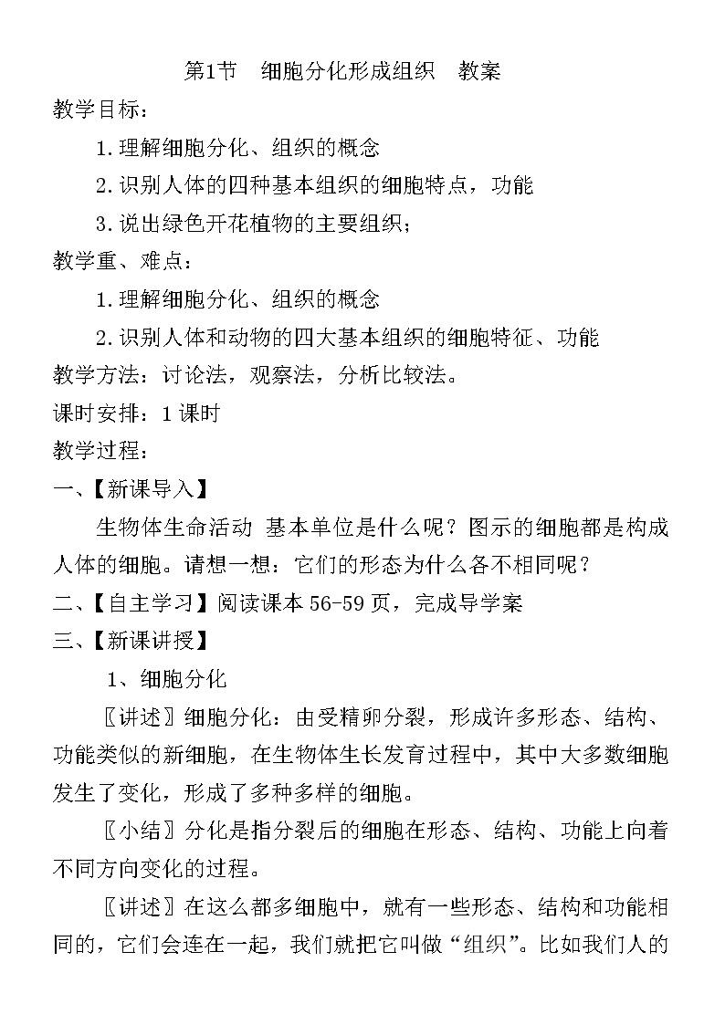 北师大版生物七年级上册 4.1  细胞分化形成组织(3)（教案）01