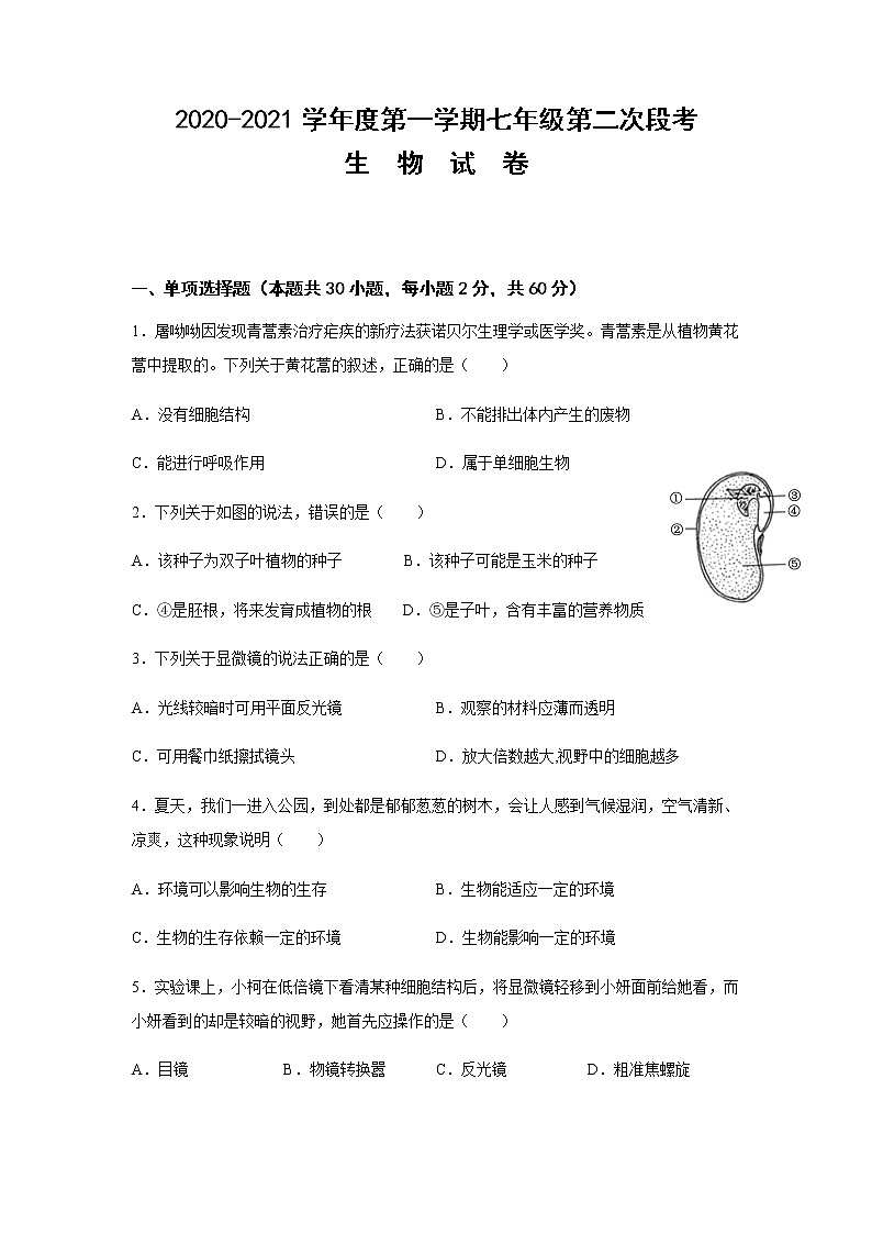 广东省河源市2020-2021学年第一学期七年级生物第二次月考试题(无答案)第1页