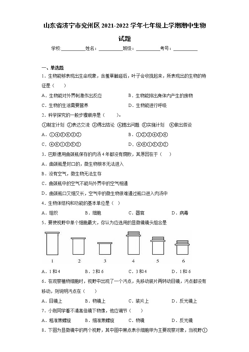 山东省济宁市兖州区2021-2022学年七年级上学期期中生物试题(word版含答案)01