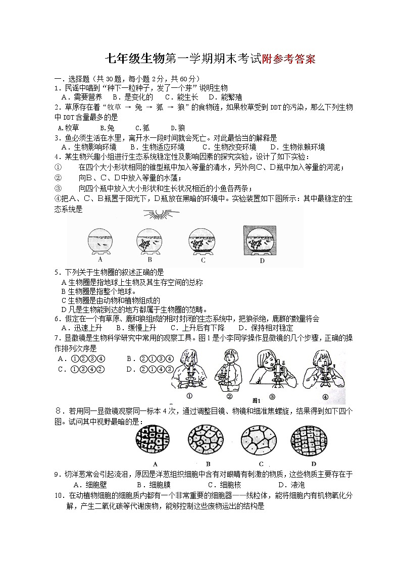 人教版七年级上册生物期末考试练习题第1页