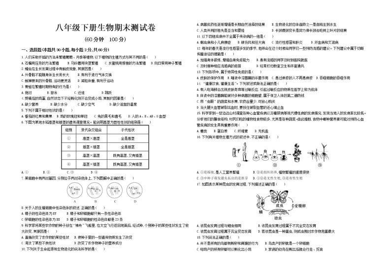 八年级下册生物期末测试卷(人教版2)01