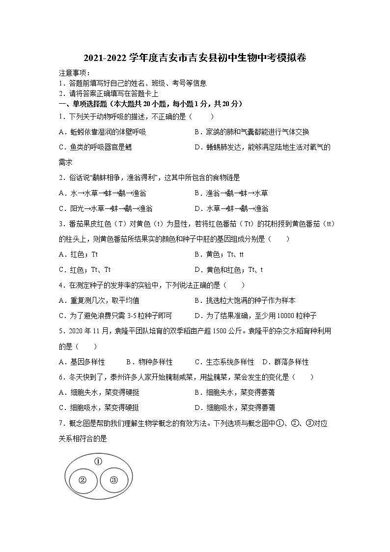 2021-2022学年度吉安市吉安县初中生物中考模拟卷-第1页