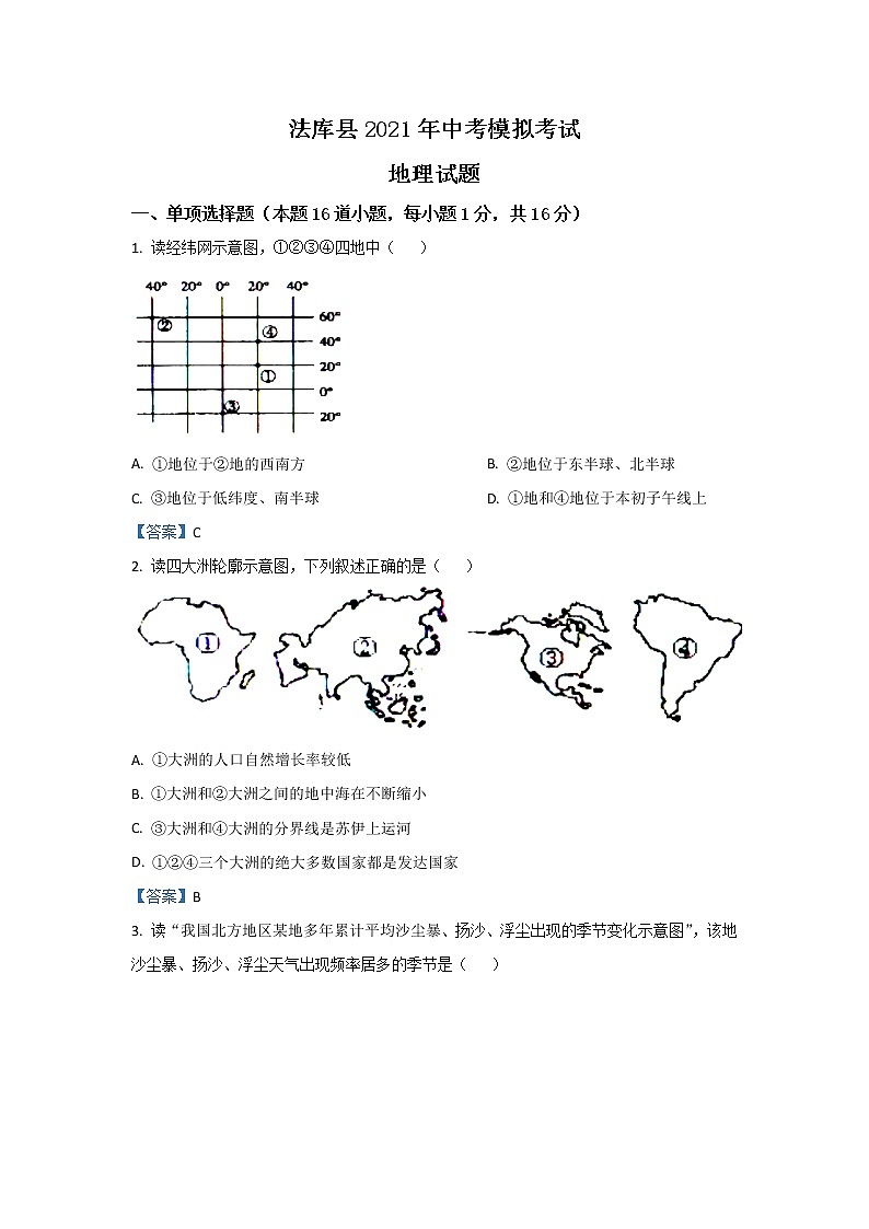 2021年辽宁省沈阳市法库县中考模拟地理试题01