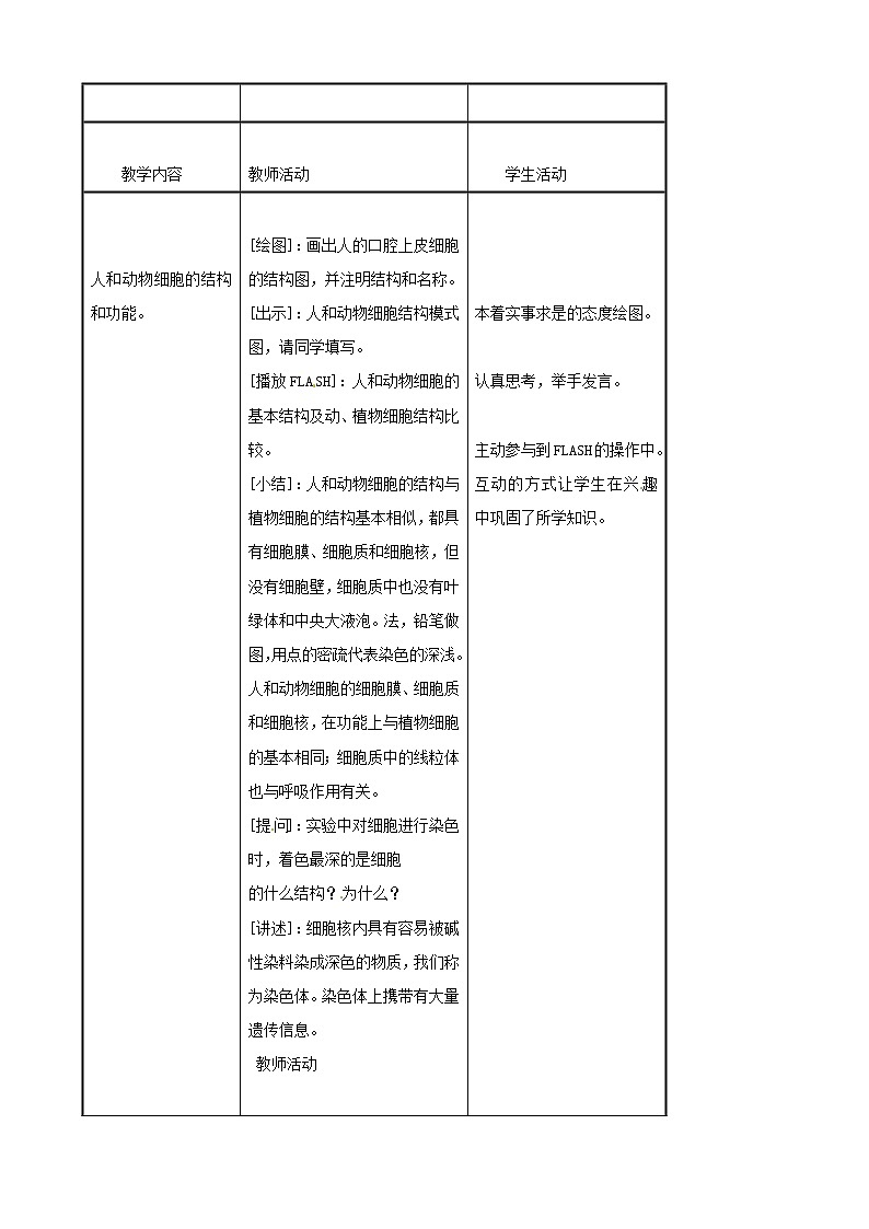 2021-2022学年初中生物苏教版七年级上册 3.2 人和动物细胞的结构和功能 同步教案第3页