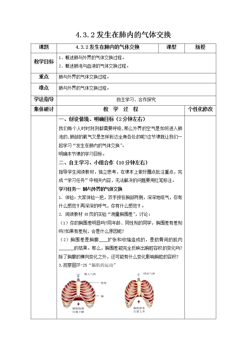 2021-2022学年初中生物鲁科版（五四学制）七年级上册 4.3.2 发生在肺内的气体交换  同步教案01