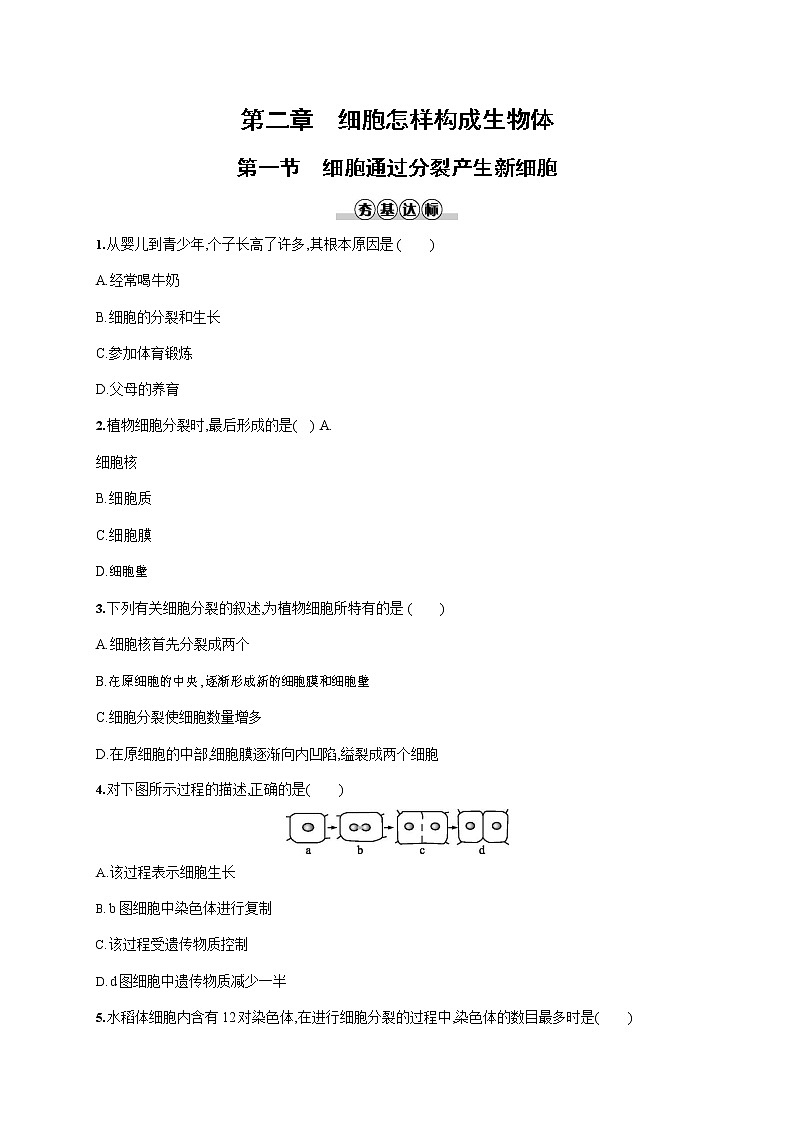 人教版七年级生物上册《2-2-1 细胞通过分裂产生新细胞》作业同步练习题及参考答案第1页