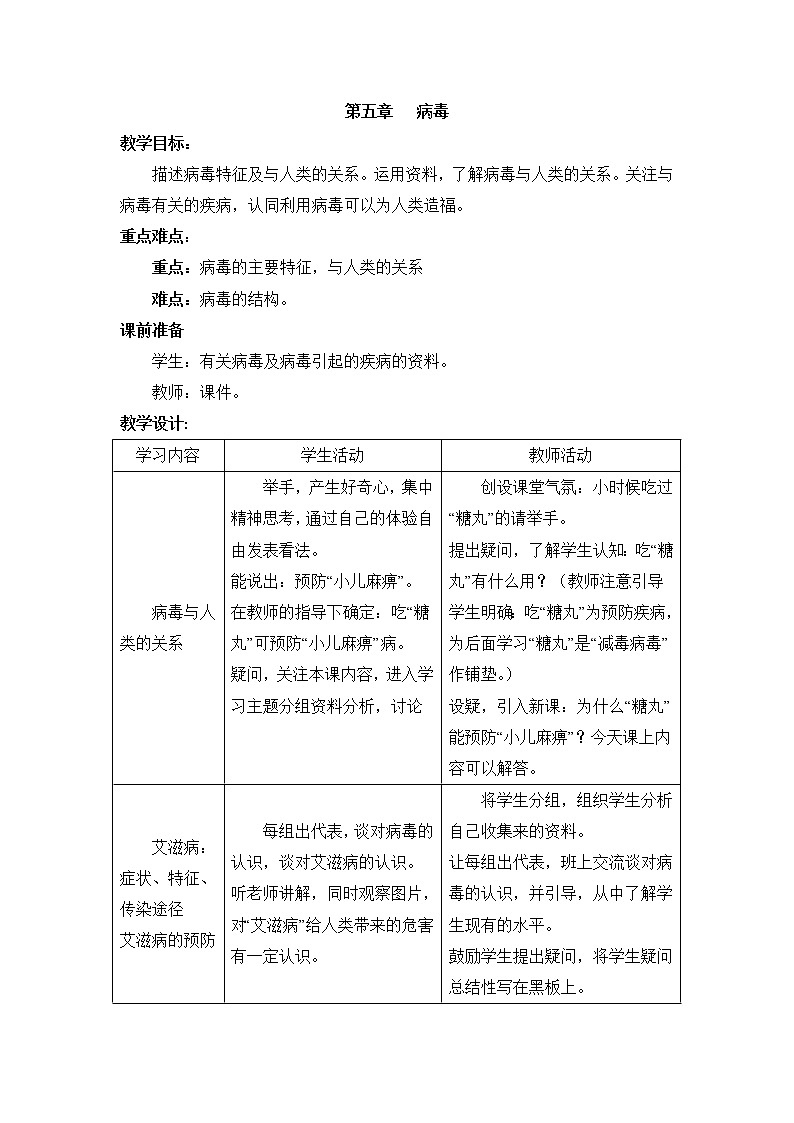 鲁科版(五四制)生物七下 6.2《病毒》教案第1页
