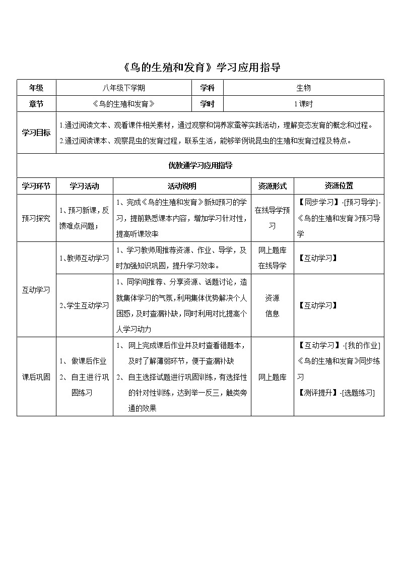 魯科版(五四制)生物八下 8.1.3《鳥的生殖和發(fā)育》教案2第1頁