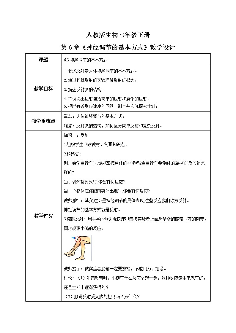 人教版生物七年级下册《神经调节的基本方式》教学设计第1页