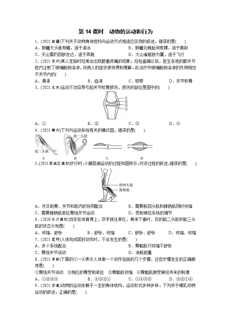 14动物的运动和行为-2022年中考生物一轮复习微专题考点过关带答案01