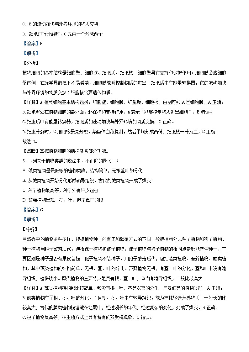 精品解析:2020年山东省菏泽市曹县九年级中考一模生物试(解析版+原卷版)02