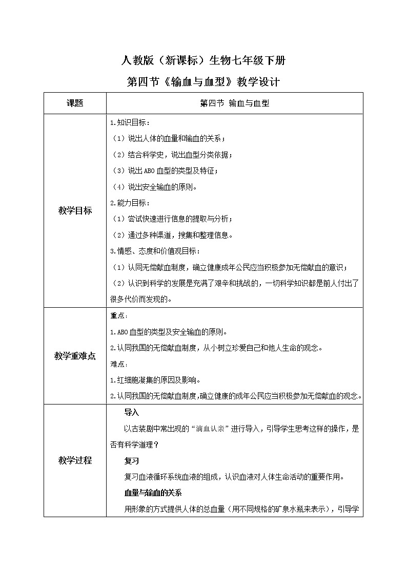 人教版(新课标)生物七下:4.4《输血与血型》(课件+教案+练习)01