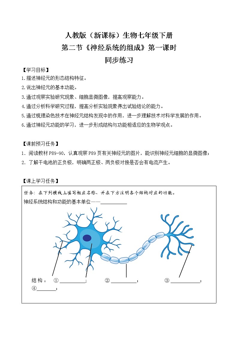 人教版(新课标)生物七下:6.2《神经系统的组成》(第一课时)(课件+教案+练习)01