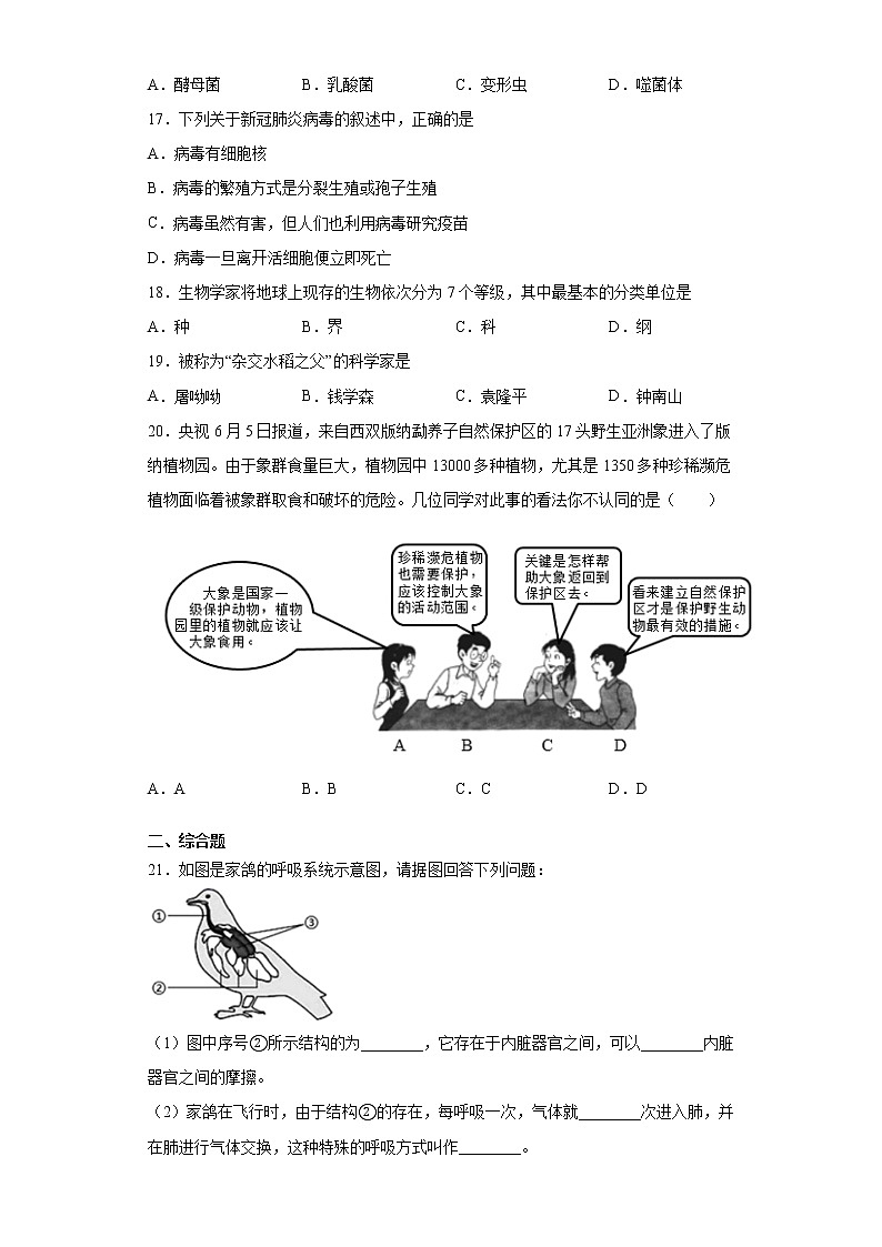 吉林省吉林市永吉县2021-2022学年八年级上学期期末生物试题(word版 含答案)03
