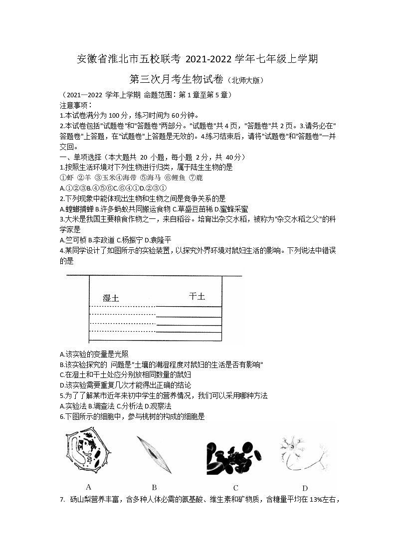 安徽省淮北市五校联考2021-2022学年七年级上学期第三次月考生物试题(Word版含答案)第1页