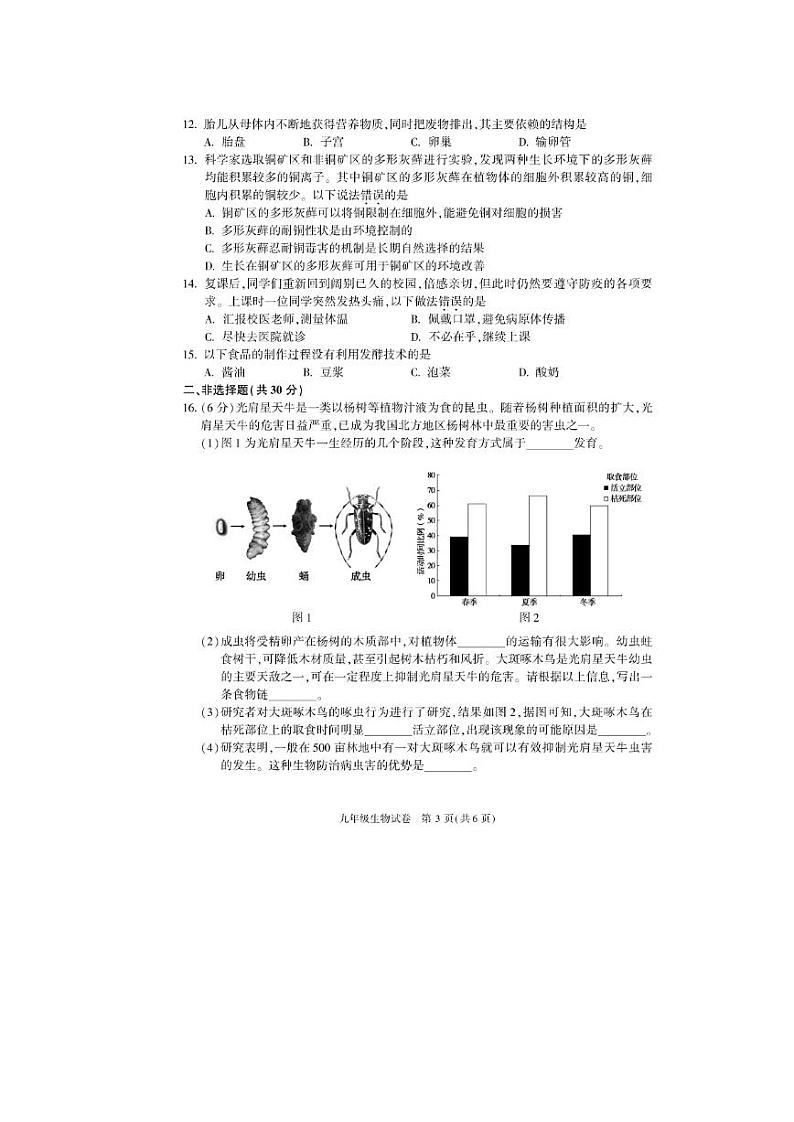 2020年北京市朝阳区初三二模生物试卷及答案第3页