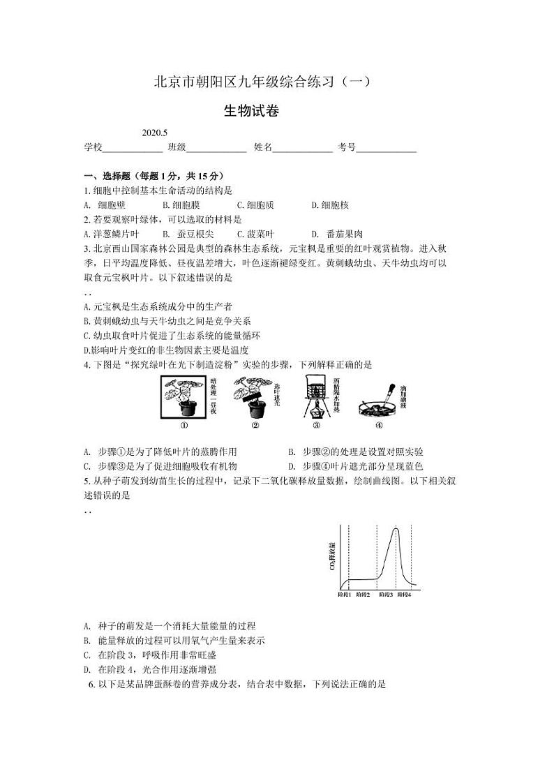 2020年北京市朝阳区初三一模生物试卷及答案第1页