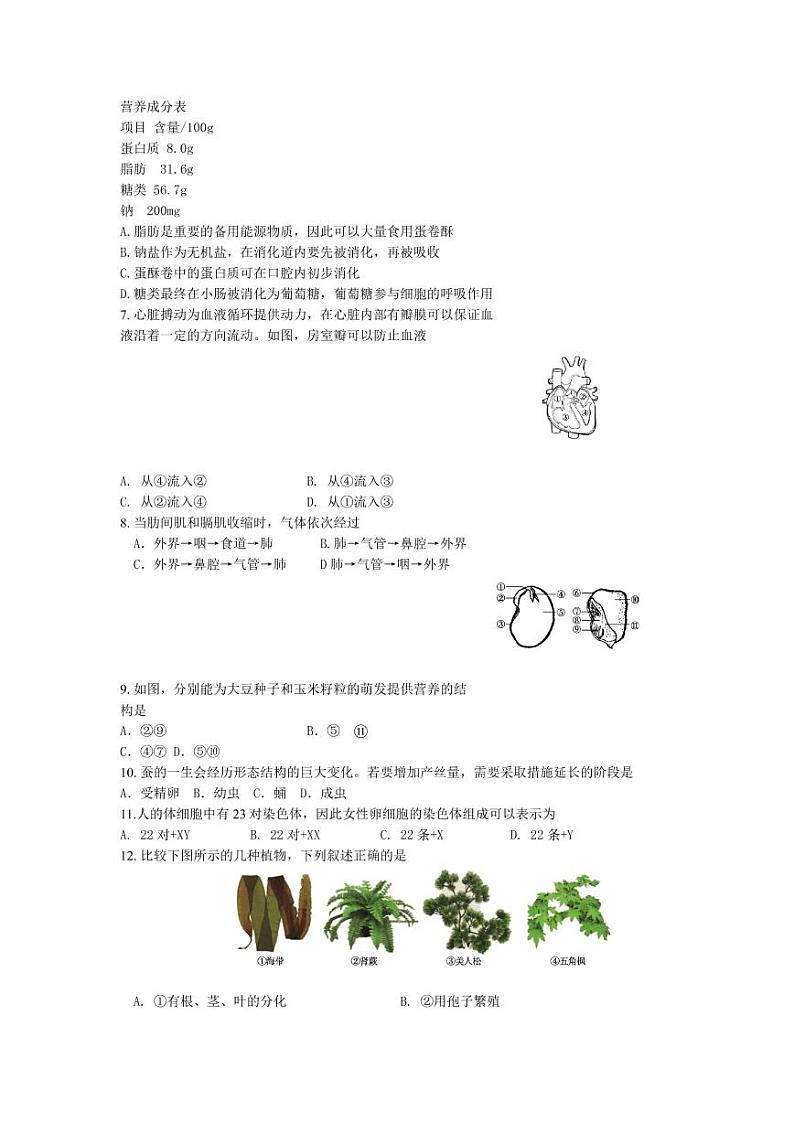 2020年北京市朝阳区初三一模生物试卷及答案第2页