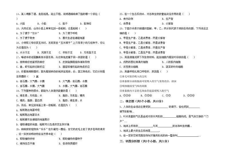 鲁教版七年级生物上册期末试卷及参考答案第2页