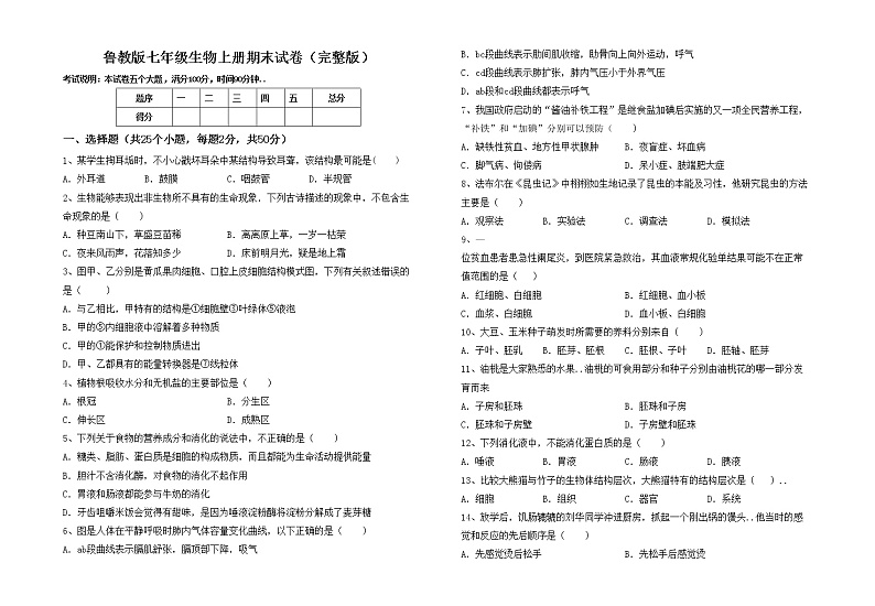 鲁教版七年级生物上册期末试卷(完整版)第1页