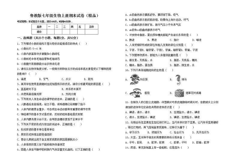 鲁教版七年级生物上册期末试卷(精品)第1页