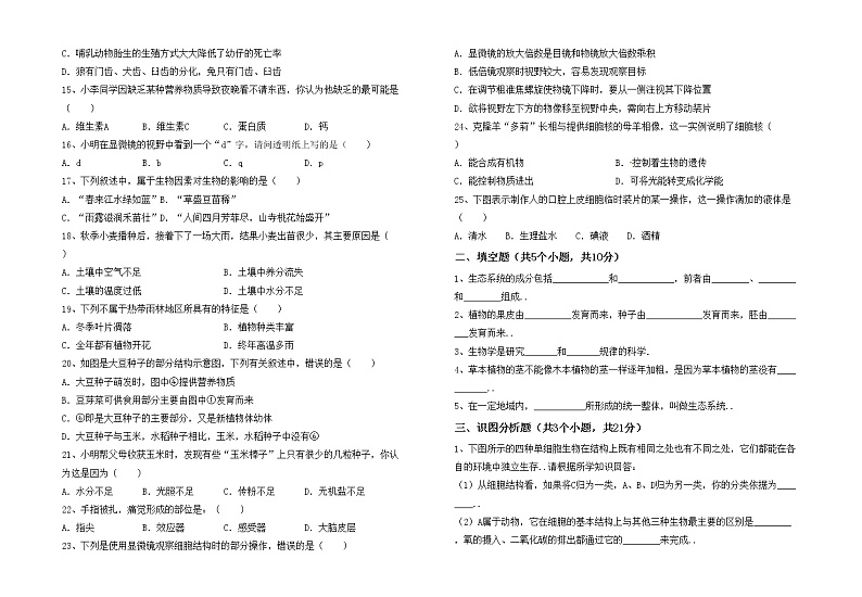鲁教版七年级生物上册期中考试卷【及答案】02