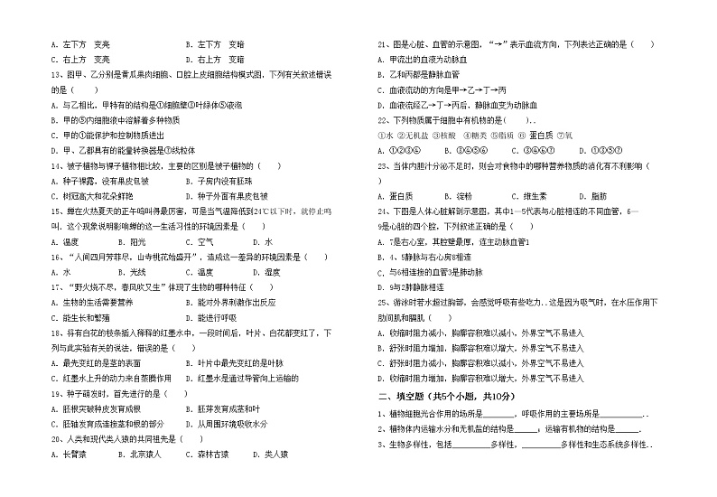 鲁教版七年级生物上册月考考试卷(一套)第2页