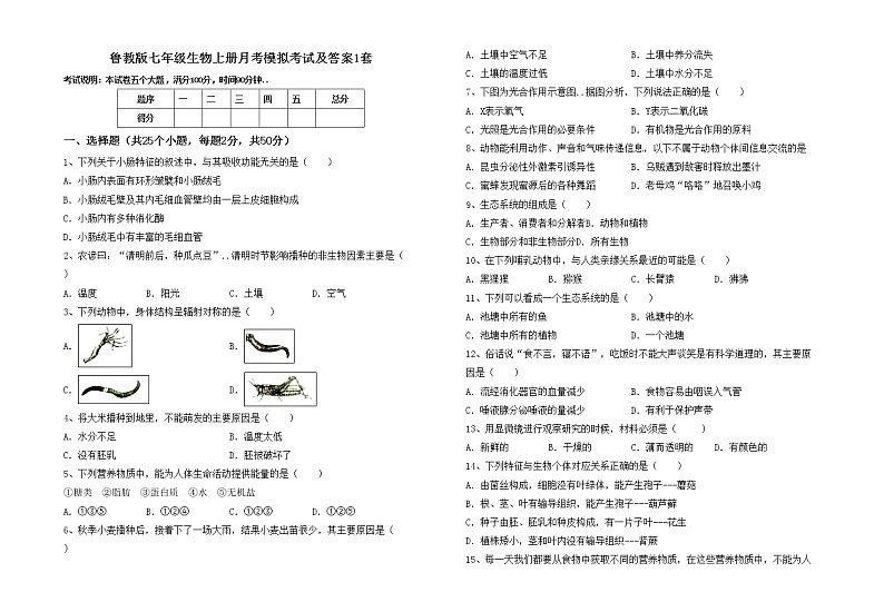 鲁教版七年级生物上册月考模拟考试及答案1套练习题第1页