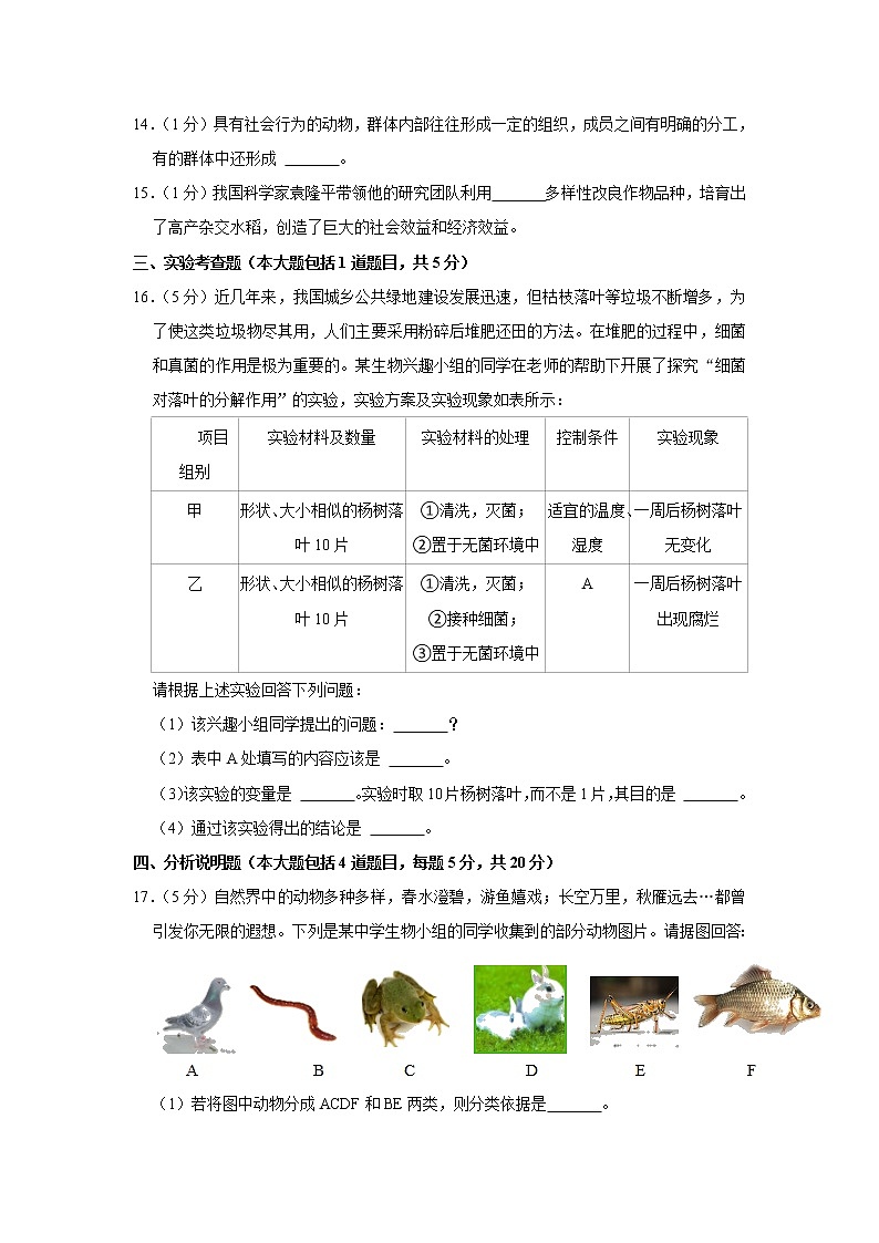 甘肃省庆阳市2021-2022学年八年级上学期期末生物试卷(word版 含答案)第3页