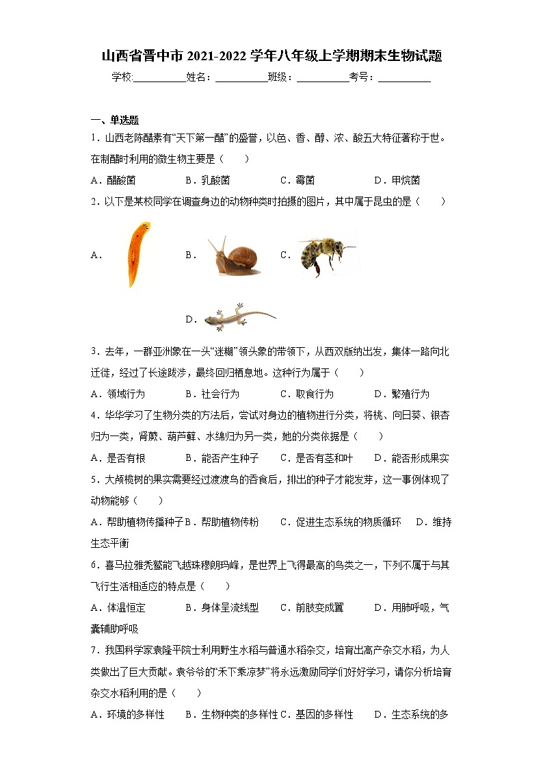 山西省晋中市2021-2022学年八年级上学期期末生物试题(word版 含答案)01