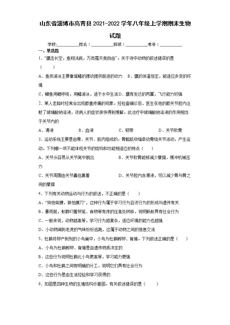 山东省淄博市高青县2021-2022学年八年级上学期期末生物试题(word版 含答案)01