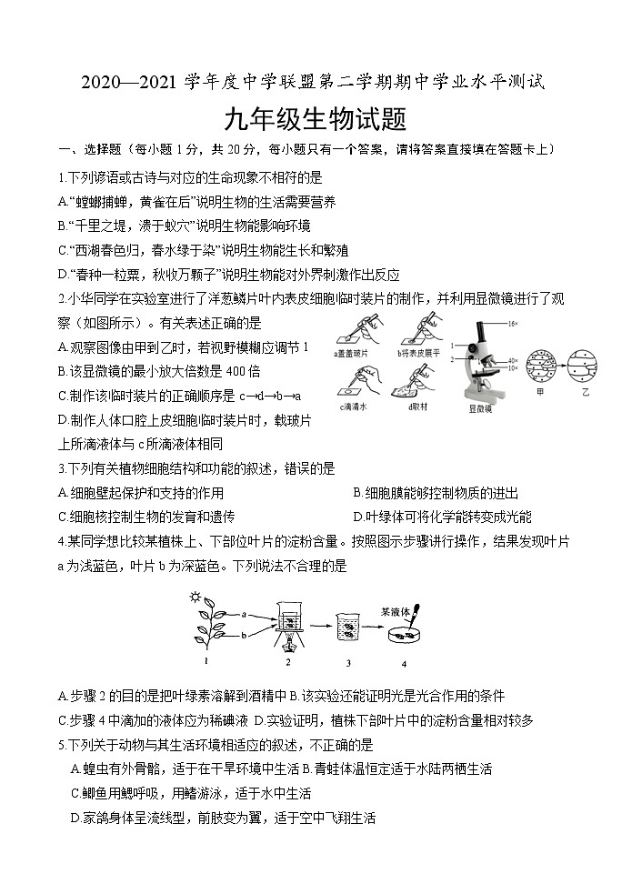 山东省菏泽市定陶区2020-2021学年九年级下学期期中考试(一模)生物试题第1页