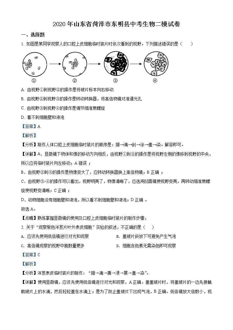 精品解析:2020年山东省菏泽市东明县中考二模生物试题(解析版+原卷版)01