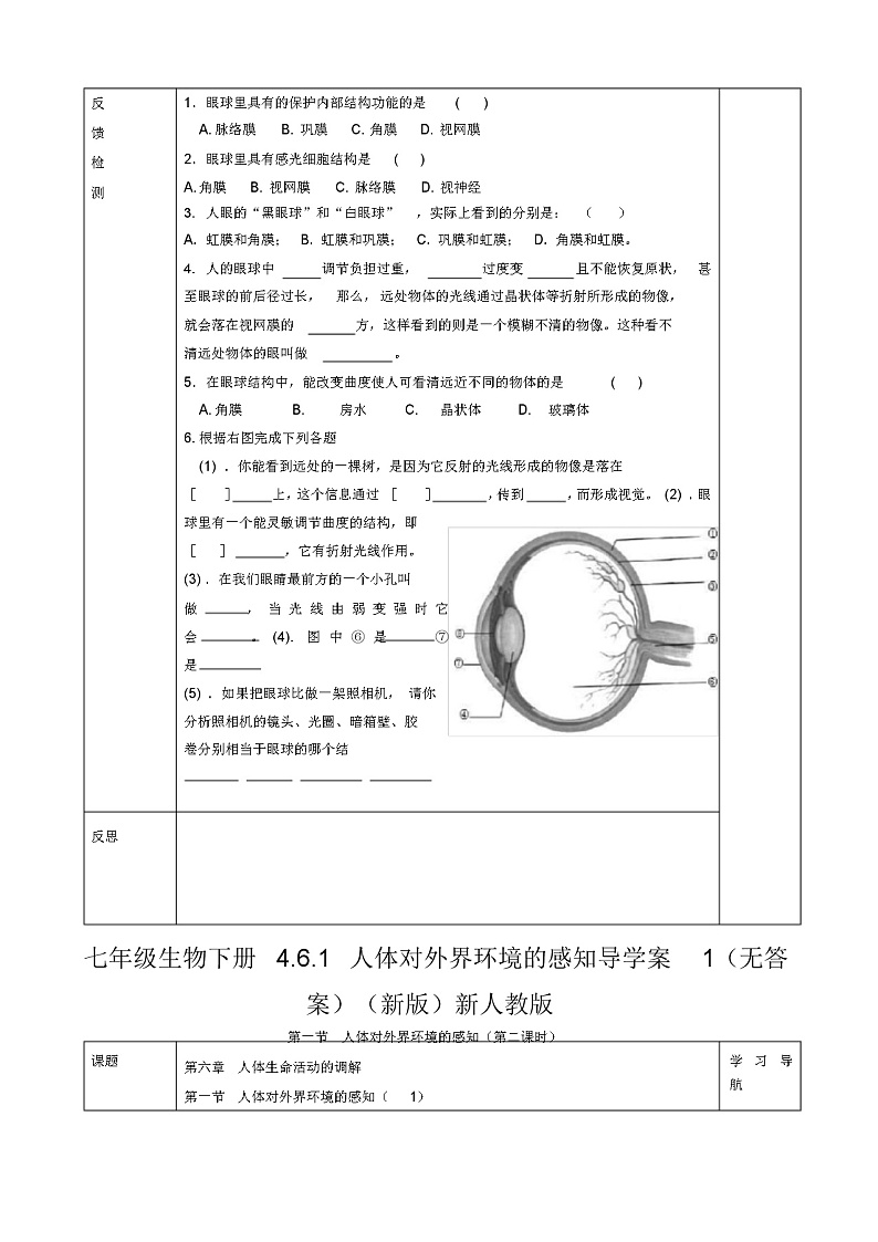 七年级生物下册4.6.1人体对外界环境的感知导学案1(无答案)(新版)新人教版02