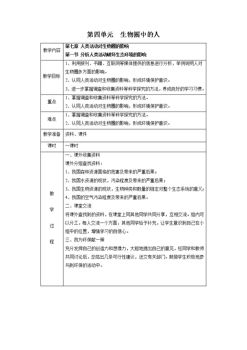 4.7.1 分析人类活动破坏生态环境的影响 教案 初中生物人教版七年级下册(2022年)01