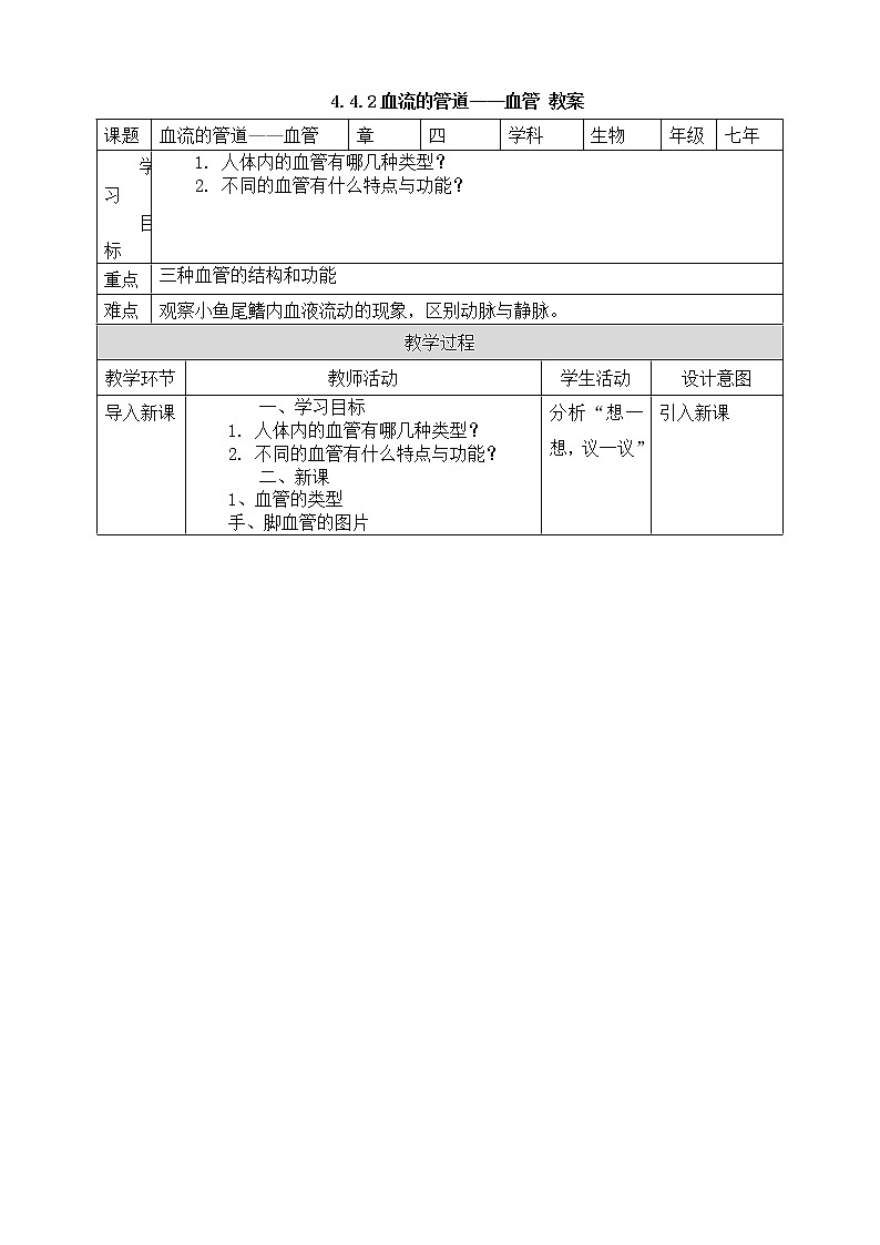 4.4.2血流的管道——血管(课件+教案+练习+导学案)01