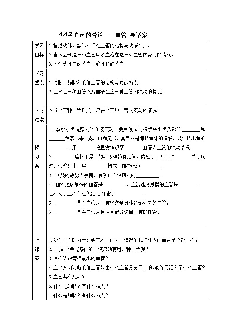 4.4.2血流的管道——血管(课件+教案+练习+导学案)01