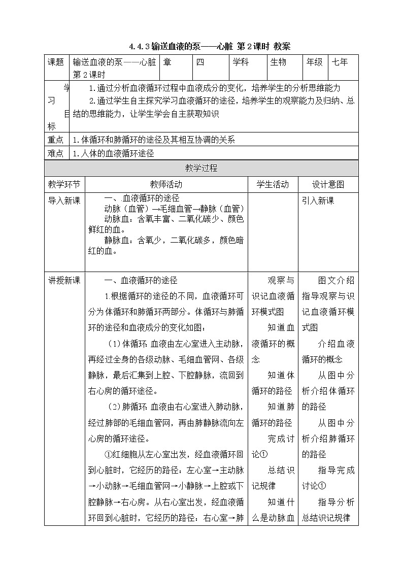 4.4.3輸送血液的泵——心臟 第二課時(shí) 教案第1頁(yè)