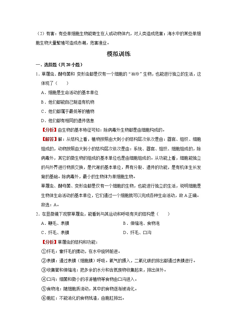 考点09 单细胞生物(解析版)-2022年生物中考一轮复习考点透析(人教版)第2页