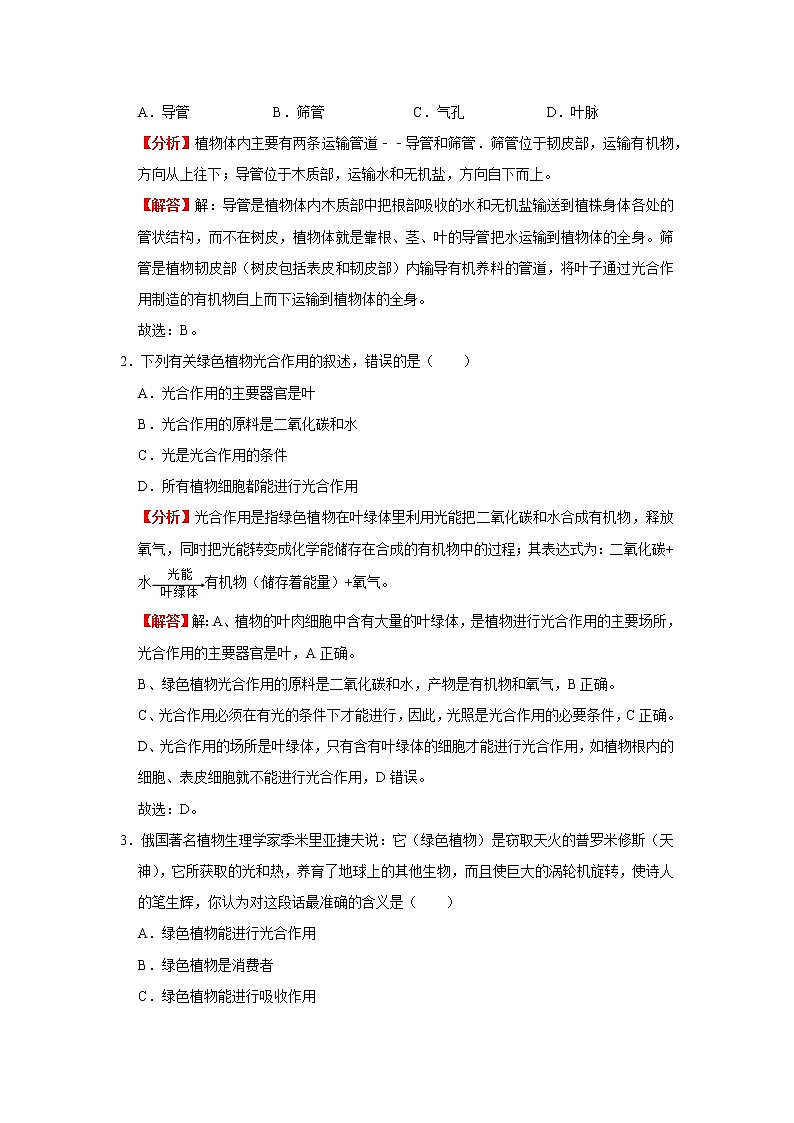 考点16 植物的光合作用(解析版)-2022年生物中考一轮复习考点透析(人教版) 试卷03