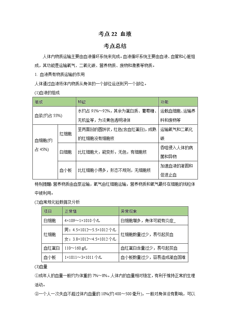 考点22 血液(解析版)-2022年生物中考一轮复习考点透析(人教版)第1页