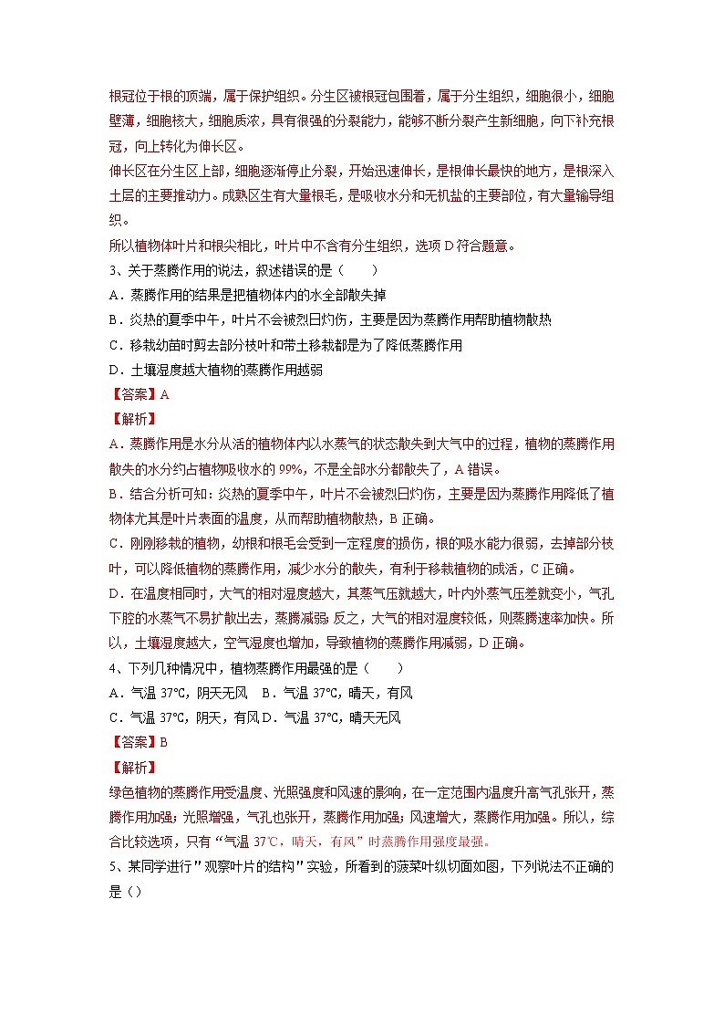 专题06 绿色植物与生物圈的水循环(习题)-【过一轮】2022年中考生物一轮复习课件精讲与习题精练(解析版)第2页
