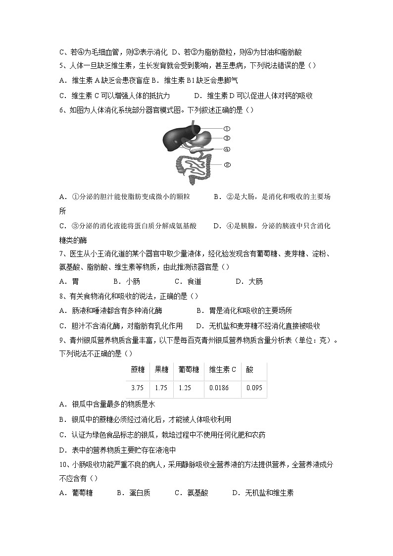 专题10 人体的营养(习题)-【过一轮】2022年中考生物一轮复习课件精讲与习题精练(原卷版)第2页
