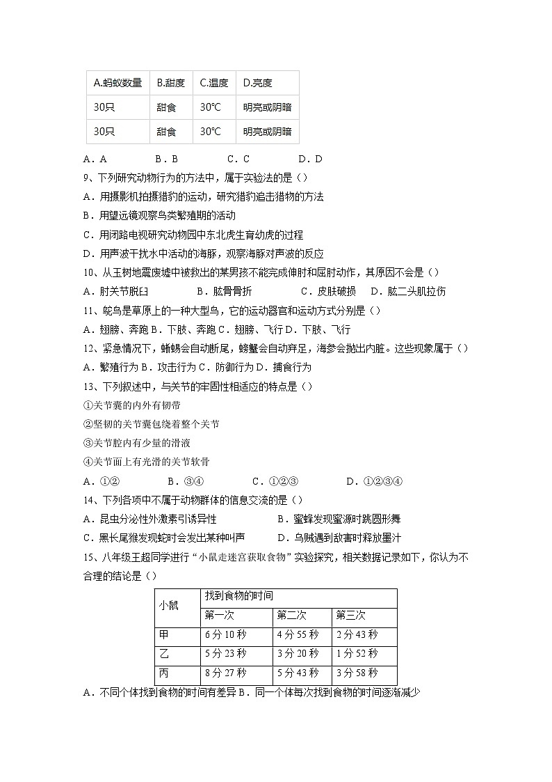 专题16 动物的运动和行为+动物在生物圈中的作用(习题)-【过一轮】2022年中考生物一轮复习精讲与习题精练02