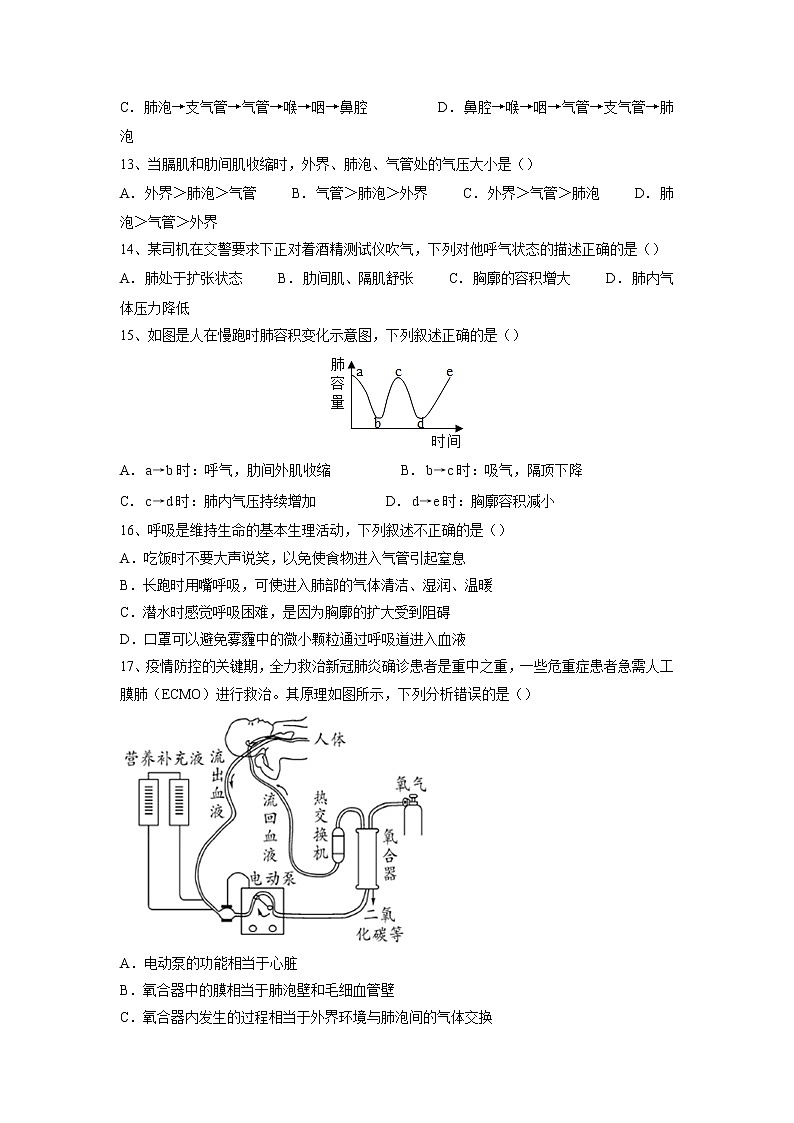 专题11 人体的呼吸(习题)-【过一轮】2022年中考生物一轮复习精讲与习题精练03
