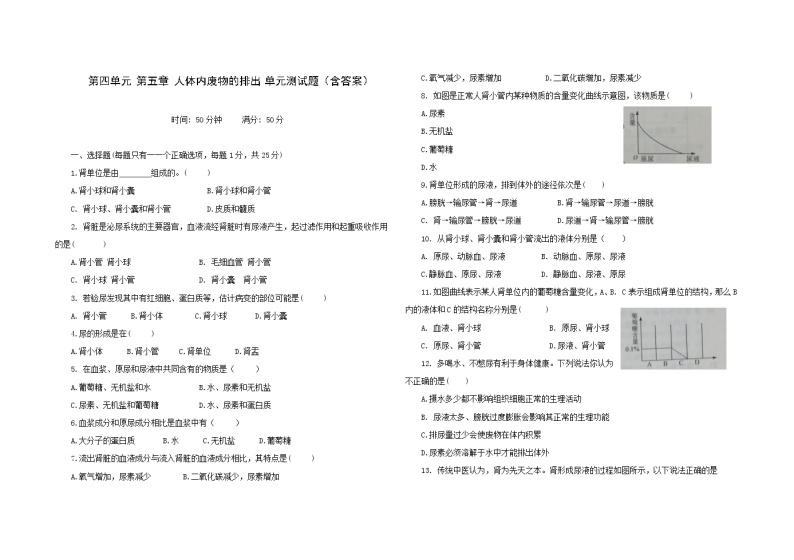 第四单元 第五章 人体内废物的排出 单元测试 2021-2022学年人教版七年级生物下册（word版含答案）01