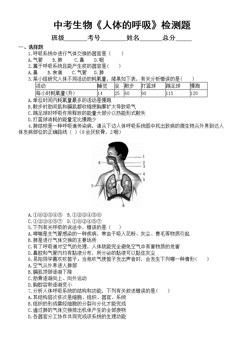 初中生物中考总复习《人体的呼吸》跟踪检测题(附参考答案)01